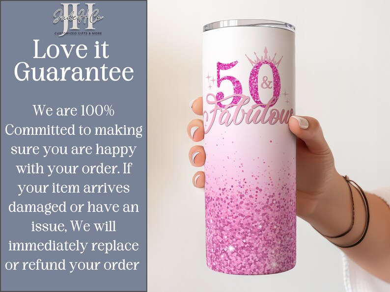 May include: Pink and white tumbler with glitter and the text "50 & Fabulous" in pink glitter.