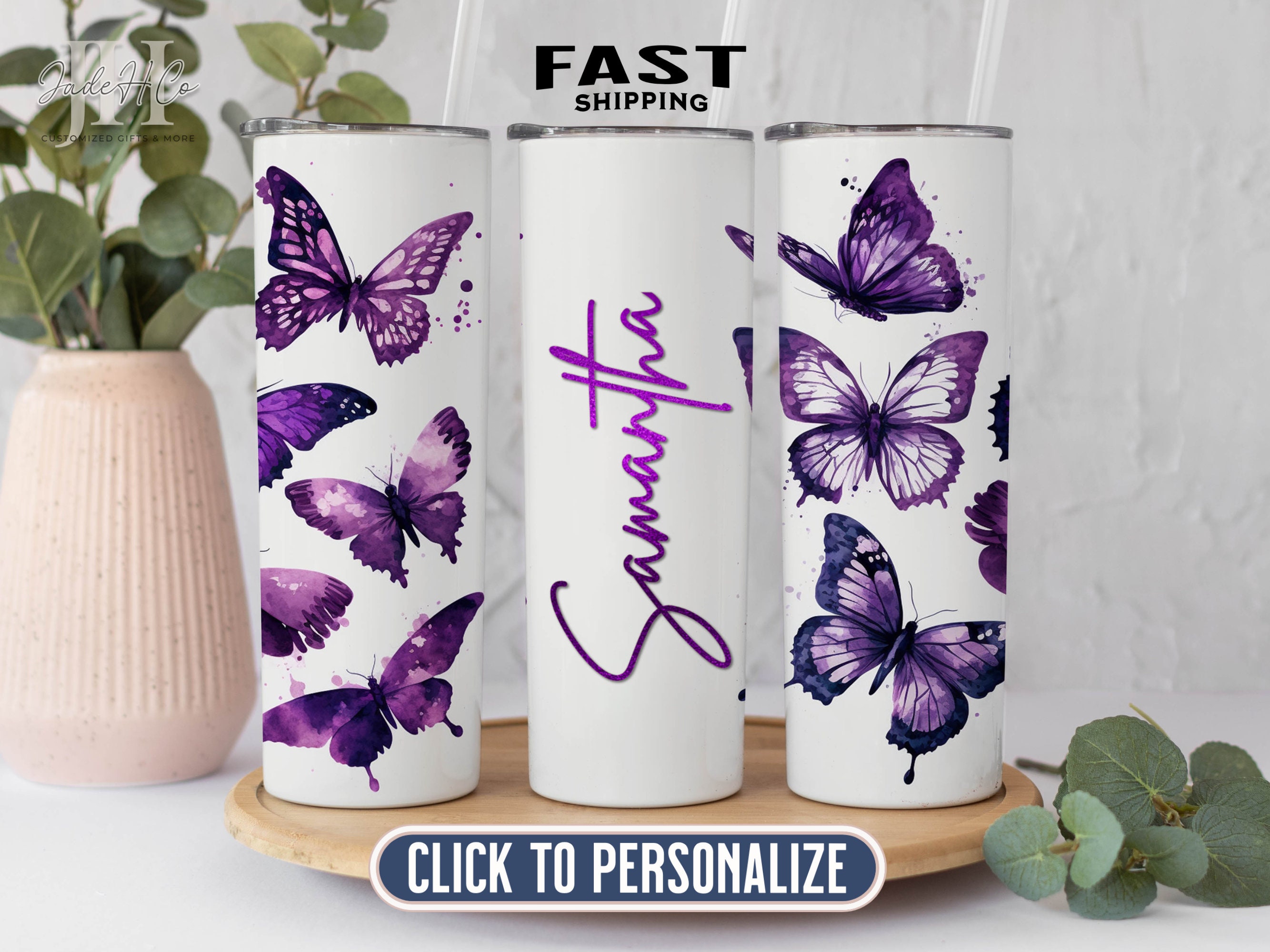 Purple Butterfly Tumbler Personalized, Butterfly Gifts For Women, Butterfly Tumbler Cup With Straw, Butterfly Gifts, Butterfly Lover Gifts