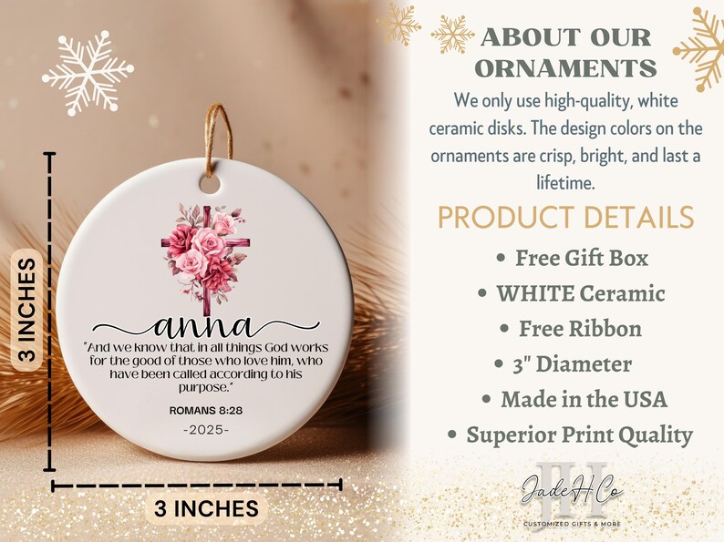 May include: White ceramic ornament, 3 inches in diameter, featuring a floral cross design with the name "anna" and a Bible verse. Includes a gold string for hanging. The text reads "And we know that in all things God works..."
