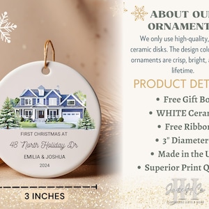 May include: A white ceramic Christmas ornament with a watercolor painting of a blue house. The ornament is 3 inches in diameter and features the text "First Christmas at 48 North Holiday Dr. Emilia & Joshua 2024".