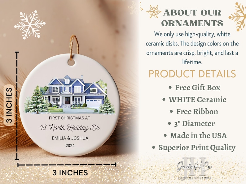 May include: A white ceramic Christmas ornament with a watercolor painting of a blue house. The ornament is 3 inches in diameter and features the text "First Christmas at 48 North Holiday Dr. Emilia & Joshua 2024".