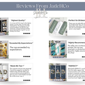 May include: A collage of four customer reviews for personalized tumblers. Each review includes a photo of the tumbler, a star rating, and a quote from the customer. The reviews highlight the quality, speed of shipping, and customer service of the seller.
