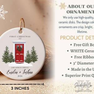 May include: White ceramic ornament with a red door, two pine trees, and the text "First Christmas at 248 Joran Drive Emilia + Joshua 2024". The ornament is 3 inches in diameter.
