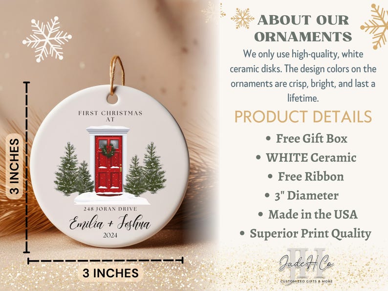 May include: White ceramic ornament with a red door, two pine trees, and the text "First Christmas at 248 Joran Drive Emilia + Joshua 2024". The ornament is 3 inches in diameter.