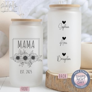Personalized Mama Glass Cup with Kids Names Mama Glass Can Mother&#39;s Day Gift for New Mom Custom Mama Glass Tumbler Mama Iced Coffee Cup