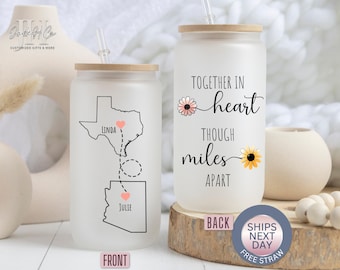 Best Friend Glass Tumbler Long Distance Friends Gift for Besties Best Friend Moving Away Gift Together In Heart Though Miles Apart Glass Cup