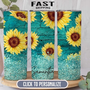 Teal Sunflower Tumbler Personalized, Sunflower Gifts For Women, Sunflower Tumbler With Straw, Sunflower Cup With Straw, Sunflower Travel Cup