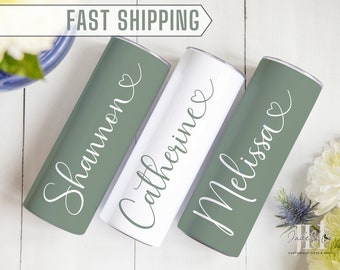Personalized Bachelorette Party Tumblers, Custom Bridal Wedding Party Skinny Tumbler with Straw Bridesmaid Proposal Wedding Gift Sage Green