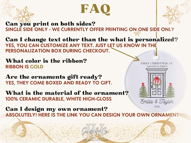 May include: A white ceramic ornament with a black and white illustration of a front door with a wreath. The ornament is personalized with the text "First Christmas at 248 Joran Drive" and "Emilia & Taylor 2024". The ornament is hanging from a gold string.