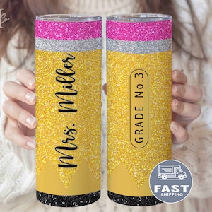 Glitter Teacher Tumbler Cup, Pencil Tumbler, Teacher Glitter Pencil Gift Back to School, Custom Name Teacher Gift Pencil Glitter Tumbler Mug