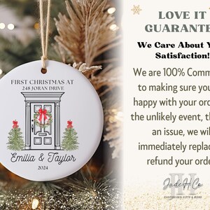 May include: White ceramic Christmas ornament with a black and white illustration of a front door with a wreath and two small Christmas trees. The text "FIRST CHRISTMAS AT 248 JORAN DRIVE" is above the door and "Emilia & Taylor 2024" is below the door.