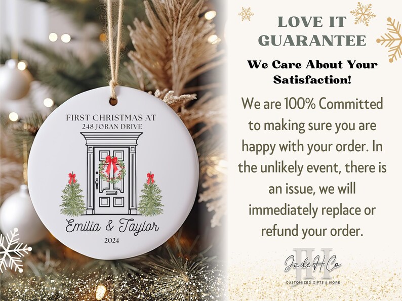 May include: White ceramic Christmas ornament with a black and white illustration of a front door with a wreath and two small Christmas trees. The text "FIRST CHRISTMAS AT 248 JORAN DRIVE" is above the door and "Emilia & Taylor 2024" is below the door.