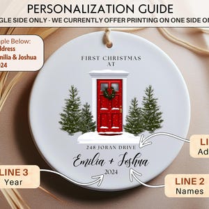 May include: White ceramic Christmas ornament with a red door, two green trees, and the text "First Christmas At" and "248 Joran Drive Emilia + Joshua 2024".
