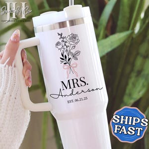 Mrs Tumbler, Personalized Mrs 40oz Tumbler with Handle Engagement Gift for Bride to be Gift Bride Cup Bridal Shower Gifts Bridal Travel Mug