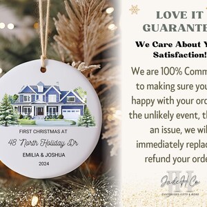 May include: A white ceramic ornament with a watercolor illustration of a blue house. The ornament reads "First Christmas at 48 North Holiday Dr. Emilia & Joshua 2024".