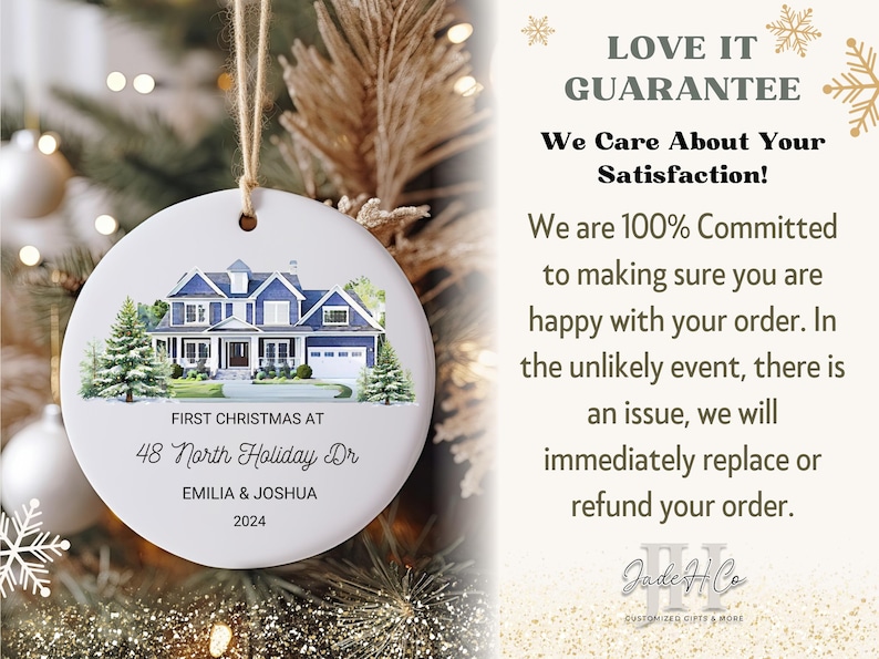 May include: A white ceramic ornament with a watercolor illustration of a blue house. The ornament reads "First Christmas at 48 North Holiday Dr. Emilia & Joshua 2024".
