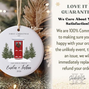 May include: A white ceramic Christmas ornament with a red door, two green pine trees, and the text "First Christmas at 248 Joran Drive Emilia + Jeshua 2024".