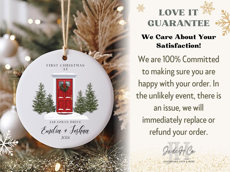 May include: A white ceramic Christmas ornament with a red door, two green pine trees, and the text "First Christmas at 248 Joran Drive Emilia + Jeshua 2024".
