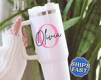 Monogram Tumbler, Custom Name 40oz Tumbler with Handle Personalized Name Travel Mug Initial Tumbler Monogrammed Name Tumbler Cup