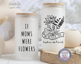 Personalized Birth Flower Mom Glass Cup Mom Birth Flower Glass Tumbler Mother's Day Gift for Mom Iced Coffee Cup Custom Birth Flower Mom Cup