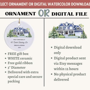 May include: A white ceramic ornament with a watercolor illustration of a blue house. The ornament is 3 inches in diameter and includes a free gold ribbon. The text on the ornament reads "First Christmas at 48 North Holiday Dr. Emilia & Joshua 2024".