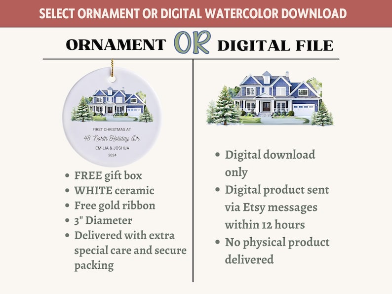 May include: A white ceramic ornament with a watercolor illustration of a blue house. The ornament is 3 inches in diameter and includes a free gold ribbon. The text on the ornament reads "First Christmas at 48 North Holiday Dr. Emilia & Joshua 2024".