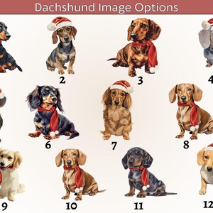 May include: A collection of twelve dachshund illustrations, each featuring a different dog with a festive red scarf and Santa hat. The dogs vary in color and pose, offering a variety of options for a holiday-themed design.