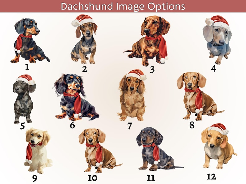May include: A collection of twelve dachshund illustrations, each featuring a different dog with a festive red scarf and Santa hat. The dogs vary in color and pose, offering a variety of options for a holiday-themed design.