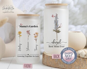 Birth Flower Mom Cup, Gift For Mom With Kid Birth Flower, Birth Flower Mom Coffee Cup, Birthflower Mom Cup, Mom Birth Flower Glass Cup