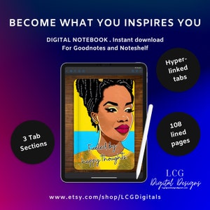 May include: A digital notebook for Goodnotes and Noteshelf featuring a colourful illustration of a woman with the text "Fueled by happy thoughts". The notebook has 108 lined pages and 3 tab sections with hyperlinked tabs.