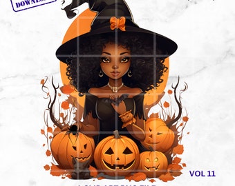 Black Witch PNG: African American Clipart for Crafters & Small Businesses, Pastel Halloween Clipart, High-Resolution Digital Art. Afro Witch