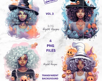 Spooky Vibes African American Pastel Halloween Clipart Bundle | High-Resolution Digital Art | Black Witch PNG | African American Witch PNG