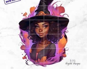 Spooky Vibes African American Pastel Halloween Clipart | High-Resolution Digital Art | Black Witch PNG | African American Witch PNG | Witchy