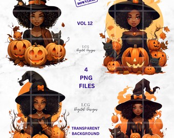 Black Witch PNG, African American Halloween Clipart Bundle, High-Resolution Digital Art,  Spooky Babe, Witchy,  African American Witch PNG