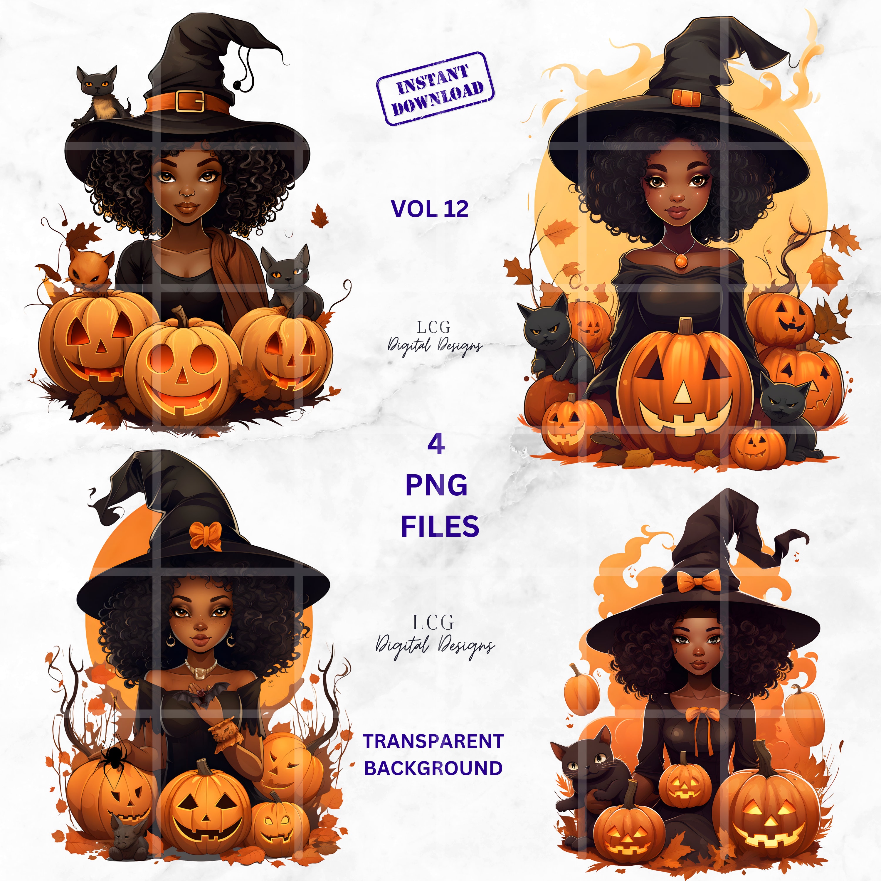 Black Witch PNG, African American Halloween Clipart Bundle, High