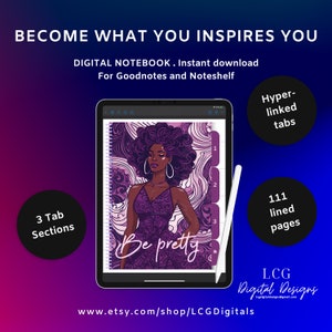 May include: A digital notebook for Goodnotes and Noteshelf with a purple and white design featuring a woman with an afro and the text "Be pretty". The notebook has three tab sections and 111 lined pages.