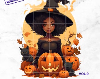 Black Witch PNG: African American Clipart for Crafters & Small Businesses, Pastel Halloween Clipart, High-Resolution Digital Art. Afro Witch