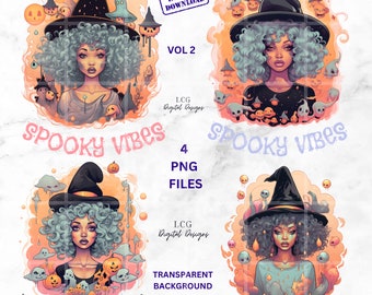 Spooky Vibes African American Pastel Halloween Clipart Bundle | High-Resolution Digital Art | Black Witch PNG | African American Witch PNG