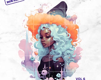 Black Witch PNG: African American Clipart for Crafters & Small Businesses, Pastel Halloween Clipart, High-Resolution Digital Art. Afro Witch