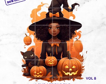 Black Witch PNG: African American Clipart for Crafters & Small Businesses, Pastel Halloween Clipart, High-Resolution Digital Art. Afro Witch