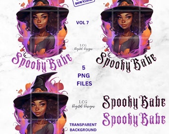 Spooky Babe PNG, African American Pastel Halloween Clipart Bundle, High-Resolution Digital Art,  Black Witch PNG, African American Witch PNG