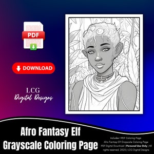African American Fantasy Elf Grayscale Coloring Page | Digital Download for Adult Coloring Enthusiasts | Afro | Greyscale | Fantasy Coloring
