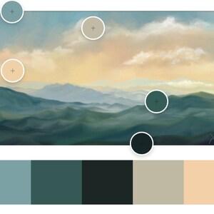 May include: A digital painting of a misty mountain landscape with a soft, golden sky. The colors are muted blues, greens, and browns. The painting has a calming and peaceful feel.