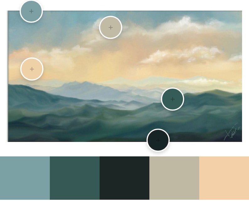 May include: A digital painting of a misty mountain landscape with a soft, golden sky. The colors are muted blues, greens, and browns. The painting has a calming and peaceful feel.