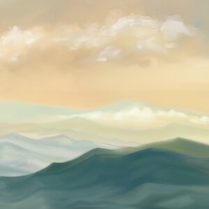 May include: A digital painting of a mountain range with a soft, hazy sky in the background. The mountains are a muted green and blue, with a few wispy clouds floating above them. The sky is a pale yellow, with a hint of pink at the horizon.