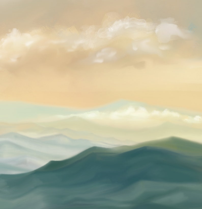 May include: A digital painting of a mountain range with a soft, hazy sky in the background. The mountains are a muted green and blue, with a few wispy clouds floating above them. The sky is a pale yellow, with a hint of pink at the horizon.