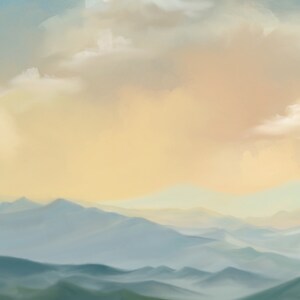 May include: A digital painting of a mountain range with a hazy, soft focus. The sky is a pale yellow with wispy white clouds.
