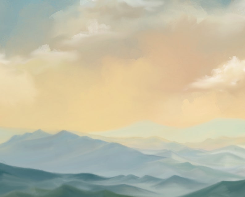 May include: A digital painting of a mountain range with a hazy, soft focus. The sky is a pale yellow with wispy white clouds.