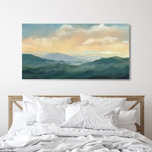May include: A painting of a mountain range with a soft, hazy blue and green color palette. The sky is a pale yellow with fluffy white clouds. The painting has a calming and serene feel.