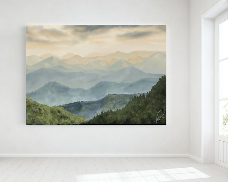以下が含まれることがあります： 霞んだ青い空と山脈を描いた水彩画。山々は重なり合っており、手前の山は濃い緑色、奥の山は薄い青色。空は薄い黄色で、雲がいくつかある。